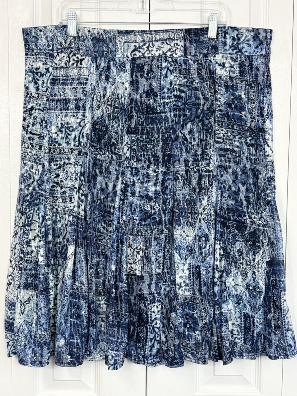 NWT CJ Banks Blue Multi Patchwork Boho Stretch Pull-On Midi Skirt 1X